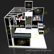 Portable exhibition stand with slat wall to hang products, modular trade show stand display